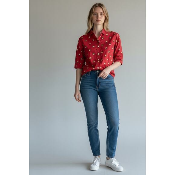 Lauren Ralph Lauren Red Floral Polka Dot Button Up Shirt Women’s Sz 8 Cotton - Picture 1 of 8